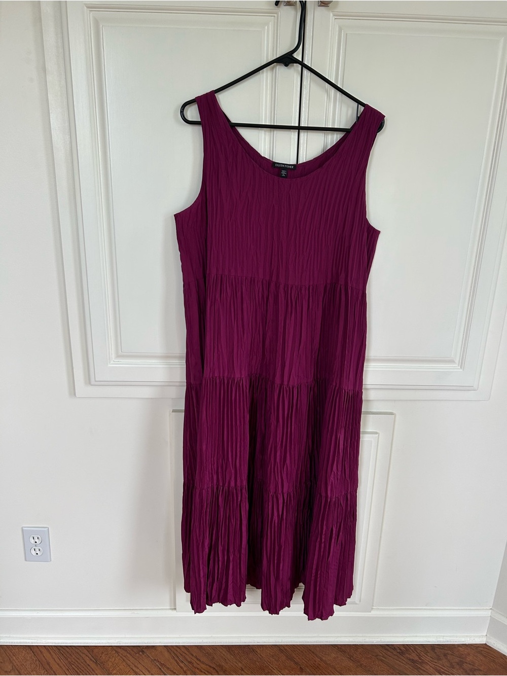 Eileen Fisher Sleeveless Tiered Crushed Silk Midi Dress - Raspberry